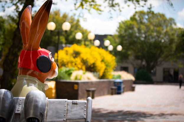 Toy hare in courtyard