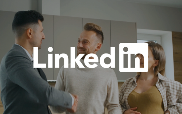 Property manager shaking hands with couple with LinkedIn logo