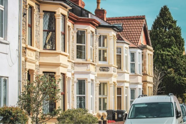 Exterior view of terraced houses on a side street