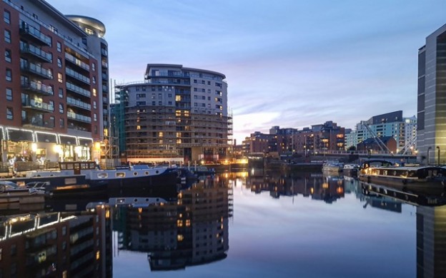 Cityscape and Riverbank view of architecture in Leeds