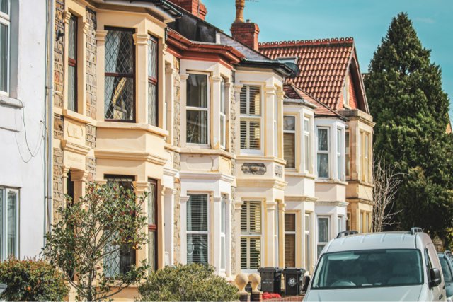 Exterior view of terraced houses on a side street